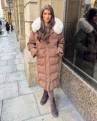 Hallie Padded Coat with Fur Hood  - Chocolate