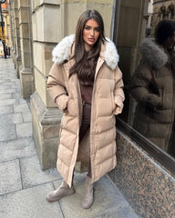 Hallie Padded Coat with Fur Hood  - Camel