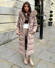 Mia Faux Fur Pull in Waist Long Padded Coat - Taupe