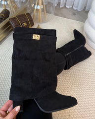 Vera Suede Fold-Over Mid-Calf Heeled Boots - Black Suede