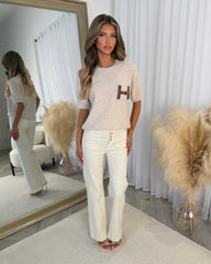 Bella Round Neck 'H' Leather Buckle Detail Knitted Top - Mocha