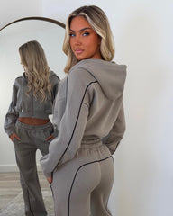 Daphne Cropped Long Sleeve Straight Leg Tracksuit with Piping Detail - Dove Grey