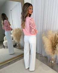 Charlotte Round Neck Jumper with Flower Arm Design - Rose Pink