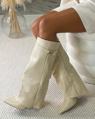 Kasia Knee High Fold Over Heels Boots - Beige