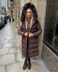 Keke Long Quilted Faux Fur Hood Coat- Chocolate