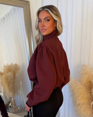Eliana Short Trench Jacket with Ruched Shoulders - Wine