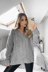 Fay V Neck Patterned Jumper - Grey