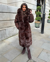 Olivia  Long Hooded Coat with Faux Fur Hood & Elegant Faux Front Fur Trim- Chocolate