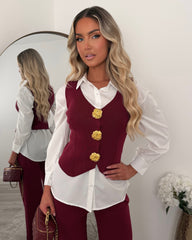 Alessia Waistcoat Shirt and Trouser Set - Wine