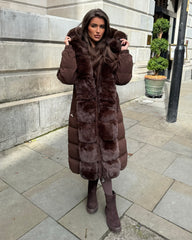 Olivia  Long Hooded Coat with Faux Fur Hood & Elegant Faux Front Fur Trim- Chocolate