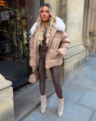 Camille Short Faux Fur Trim Puffer Coat- Camel