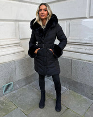 Emma Padded Faux Fur Trim Belted Coat - Black