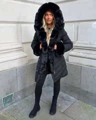 Emma Padded Faux Fur Trim Belted Coat - Black