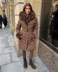 Emma Padded Faux Fur Trim Belted Coat - Chocolate