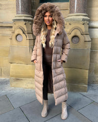 Anastasia Longline Belted Hooded Faux Fur Coat - Camel