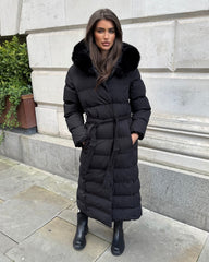 Anastasia Longline Belted Hooded Faux Fur Coat - Black