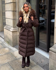 Anastasia Longline Belted Hooded Faux Fur Coat - Chocolate