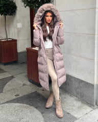 Keke Long Quilted Faux Fur Hood Coat- Taupe