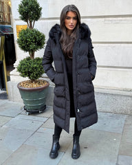 Keke Long Quilted Faux Fur Hood Coat- Black