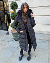 Keke Long Quilted Faux Fur Hood Coat- Black