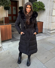 Mia Faux Fur Pull in Waist Long Padded Coat - Black
