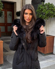 Mia Faux Fur Pull in Waist Long Padded Coat - Black