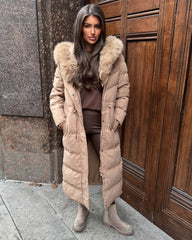 Mia Faux Fur Pull in Waist Long Padded Coat - Camel