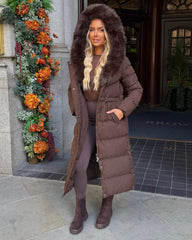 Mia Faux Fur Pull in Waist Long Padded Coat - Chocolate