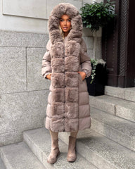 Olivia  Long Hooded Coat with Faux Fur Hood & Elegant Faux Front Fur Trim- Taupe