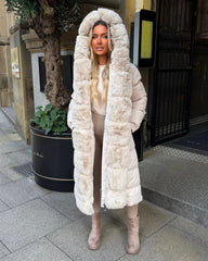 Olivia  Long Hooded Coat with Faux Fur Hood & Elegant Faux Front Fur Trim- Beige