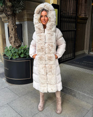 Olivia  Long Hooded Coat with Faux Fur Hood & Elegant Faux Front Fur Trim- Beige