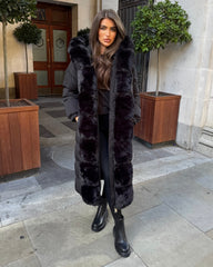 Olivia  Long Hooded Coat with Faux Fur Hood & Elegant Faux Front Fur Trim- Black