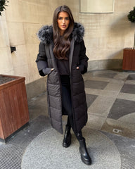 Helena Long Padded Coat with Faux Fur Detail Hood - Black