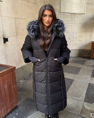 Helena Long Padded Coat with Faux Fur Detail Hood - Black