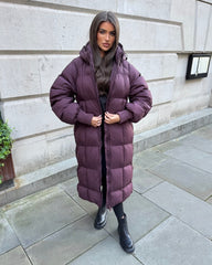 Naomi Padded Ruched Arm Detail Long Duvet Coat - Plum