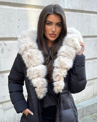 Arielle Long Padded Coat with Faux Fur Trim Hood - Black/Beige
