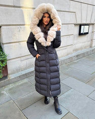 Arielle Long Padded Coat with Faux Fur Trim Hood - Black/Beige