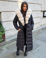 Arielle Long Padded Coat with Faux Fur Trim Hood - Black/Beige