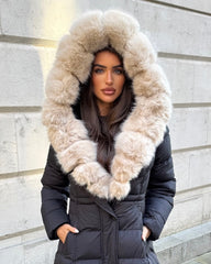 Arielle Long Padded Coat with Faux Fur Trim Hood - Black/Beige