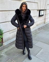 Arielle Long Padded Coat with Faux Fur Trim Hood - Black