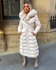 Arielle Long Padded Coat with Faux Fur Trim Hood - Beige
