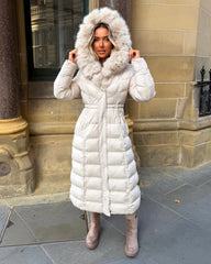 Arielle Long Padded Coat with Faux Fur Trim Hood - Beige