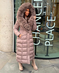 Arielle Long Padded Coat with Faux Fur Trim Hood - Taupe