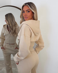 Hayley Corset Design Hooded Zip Jacket with Straight Leg Trousers Set - Oatmeal