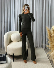 Hollie Ribbed Round Neck Frill Sleeve Detail Top & Trouser Set - Khaki