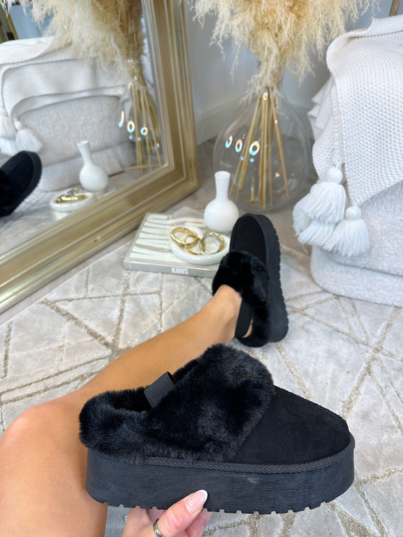 Terri Platform Faux fur Slippers- Black