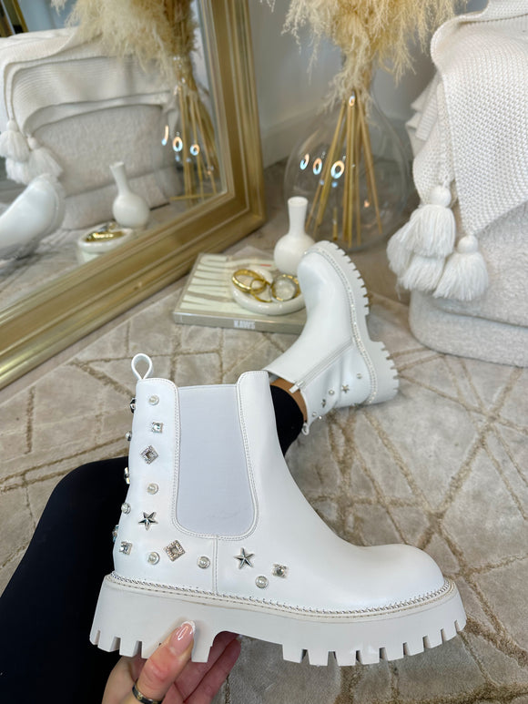 ARABELLA Faux Leather Stud Detail Ankle Boots- White