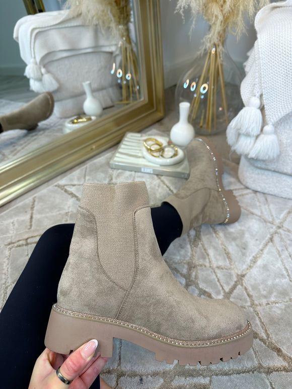 KADY Suede Rib Panel Diamante Detail Ankle Boot- Camel