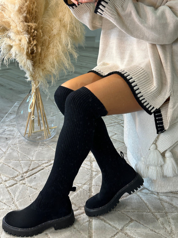 KARISSA Knee High Knitted Sock Boot- Black