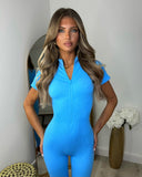 Taylor Seamless Ribbed Zip Front Jumpsuit - Sky Blue